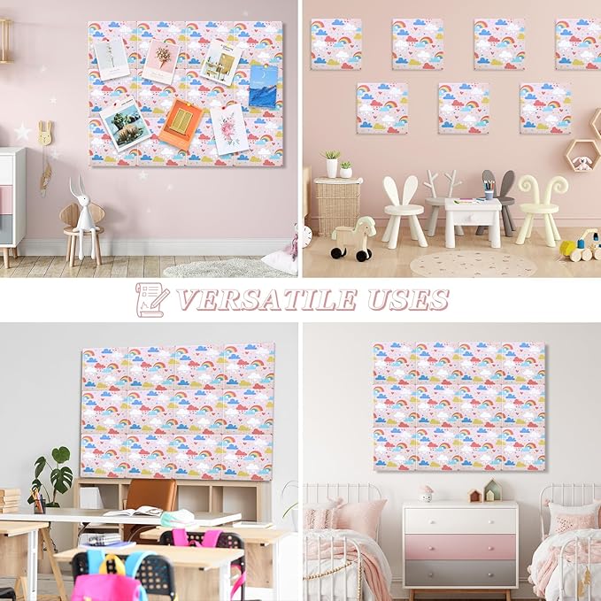 Geyoga 12 Pcs Cork Board for Wall 12 x 12 Inch Retro Black and White Checkered Bulletin Board Acoustic Wall Panels Boho Felt Tiles Cute Self Adhesive Hanging Decor for Office Home Classroom(Cute)