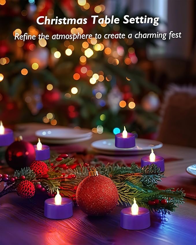 Purple LED Candles, 12 Pack Tea Lights Candles Battery Operated, Flameless Tealight Candle, Realistic Tea Lights for Halloween Christmas Party Decor Mardi Gras