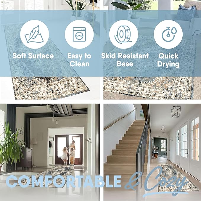 MICRODRY Runner Rug, Low-Profile Design for a Sleek, Bulk-Free Look. Machine Washable, Stain-Resistant, Skid-Resistant Backing, Ideal for Bedroom Hallway, Kitchen, or Entryway, 2x7', Inez (Cream/Blue)
