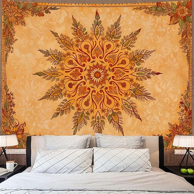 Accnicc Boho Mandala Floral Tapestry Vintage Bohemian Indian Tapestries for Bedroom Aesthetic Retro Orange Yellow Flower Large Tapestry Wall Hanging for Dorm Living Room Decor 80 x 60 Inch