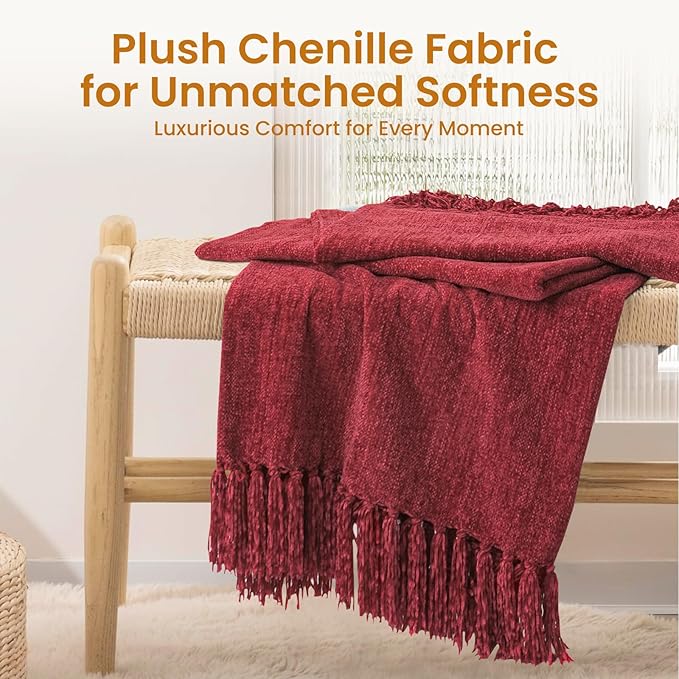 Burgundy Red Chenille Throw Blanket for Couch Bed，Soft Cozy Throw Blanket with Handmade Fringe, Decorative Blanket for Sofa Chair Living Room for Gift, (Burgundy Red)