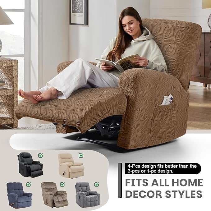 VANSOFY Oversized Recliner Chair Covers, 4-Pieces Stretch Recliner Cover Jacquard Soft Reclining Chair Slipcover Furniture Protector with Elastic Bottom for Lazy Boy Recliner(Light Coffee)
