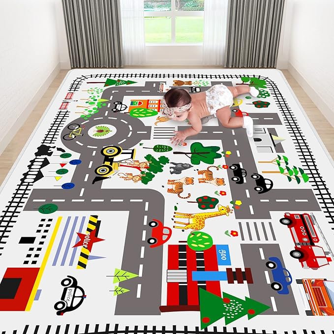 5x7ft Kids Town Road Play Rug - Car Playmat, Kids Rugs for Playroom Car Mat Town City Road Traffic Rugs, Extra Large Boys Kid Cars Track Play Rug (Style Five, 78.7X 59 INCH)