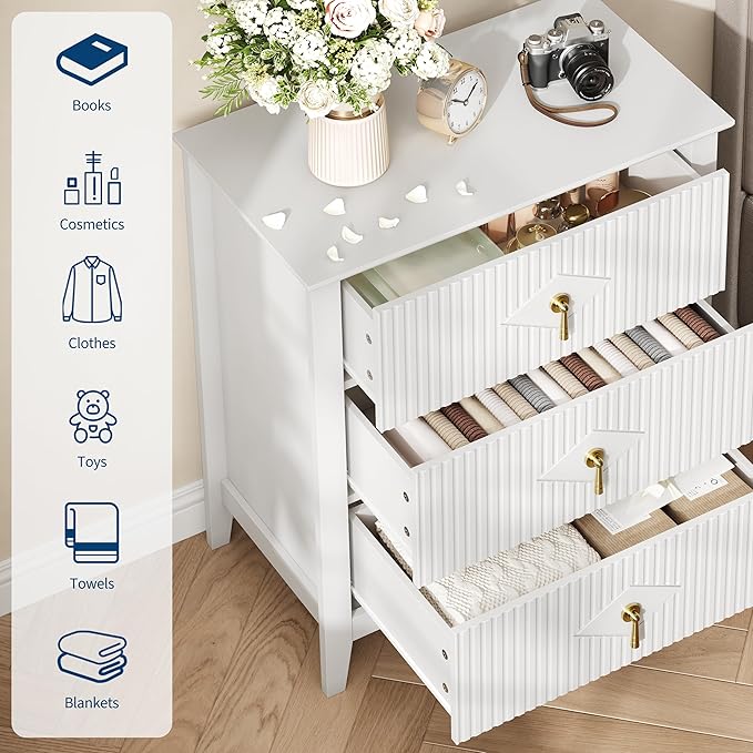 GarveeHome Wood Nightstand Fluted Dresser for Bedroom, 27.5" Wide 3-Drawer Bedside Tables, Modern Chest of Drawers, Storage End Table Living Room, Hallway, Entryway, White