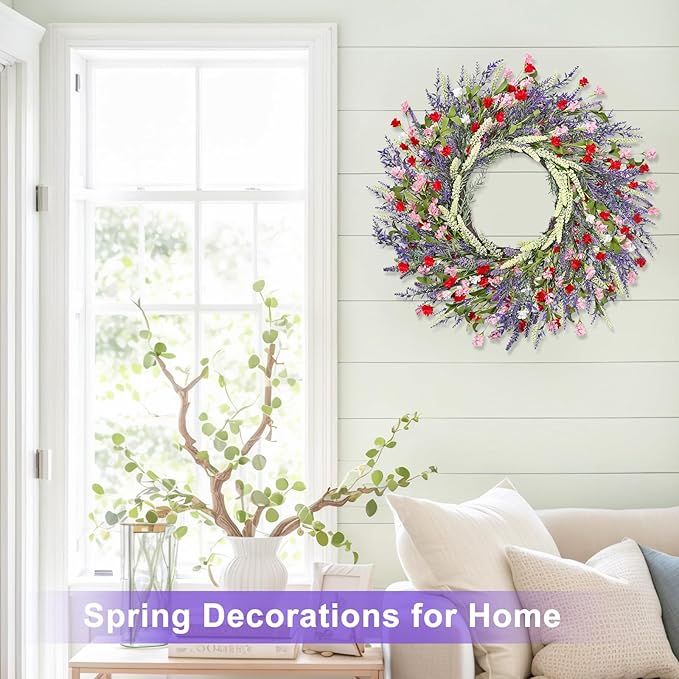 26 Inch Lavender Wreath Summer Spring Wreaths for Front Door Wreaths for Front Door for Wedding Farmhouse (Red Pink Lavender)