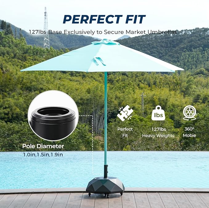 HOMSHADE H16 Patio Umbrella Stand Base with 5 Wheels - 127lbs Heavy Duty Rolling Weights Outdoor Market Umbrella Base, Refillable High-Density HDPE Materia Weights Stand for Outside Patio