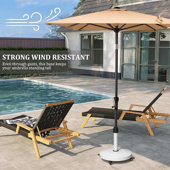 Patio Umbrella Base with 4 Wheels, 55lbs Round Heavy Duty Concrete Stand for Outdoor Market Umbrella, White