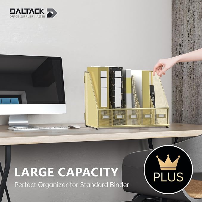 DALTACK Desk Organizers Metal Magazine File Holder with 5 Vertical Compartments Folder Storage Binder Organizer for Office Home School Organization, Gold Plus