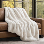 EVERGRACEHOME Luxury Faux Fur Throw Blanket, Soft Fluffy Faux Mink Blankets for Bed, Couch, Sofa, Thick Cozy Plush Warm Fur Throws with Reversible Velvet, Ivory Mink, 60"x80"