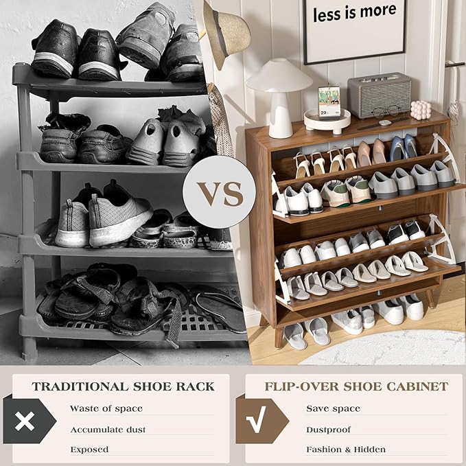 Shoe Storage Cabinet for Entryway with 2 Flip Drawers, Narrow Wood Shoe Cabinet with Fluted Panel, Freestanding Hidden Shoe Organizer for Foyer, Hallway (Walnut)