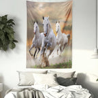 Ambesonne Horses Tapestry Twin Size, Stallion Horses Running on a Sky Background Male Champions Print, Wall Hanging Bedspread Bed Cover Wall Decor, Twin Size, White Orange