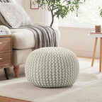 Ornavo Home Pouf Ottoman Foot Rest - 100% Cotton Pouffe - Hand Knitted Cable Braid Cord - Boho Round Stuffed Ottoman for Living Room, Bedroom - Natural