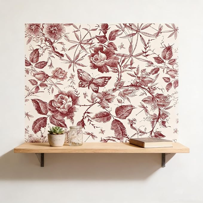 Drawers Liner Contact Paper for Dresser Peel and Stick Wallpaper Sketched Design 15.7x787.4in Self Adhesive Removable Red Maroon Rose Floral Butterfly Vintage Cabinet Shelf Renter Friendly