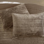 WRENSONGE Velvet Queen Quilt Set-3 Pieces Taupe Oatmeal Luxurious Velvet Striped Channel Comforter with 2 Shams, Soft Bedspread Coverlet Quilted Bedding Set for All Season