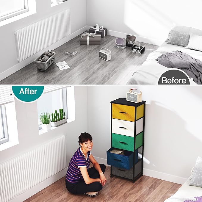 Dresser with 5-Drawer, Tall Fabric Storage Tower for Closet, Colorful Organizer Unit for Bedroom, Categorized Storage by Colors, Easy Pull Fabric Bins (Colourful)