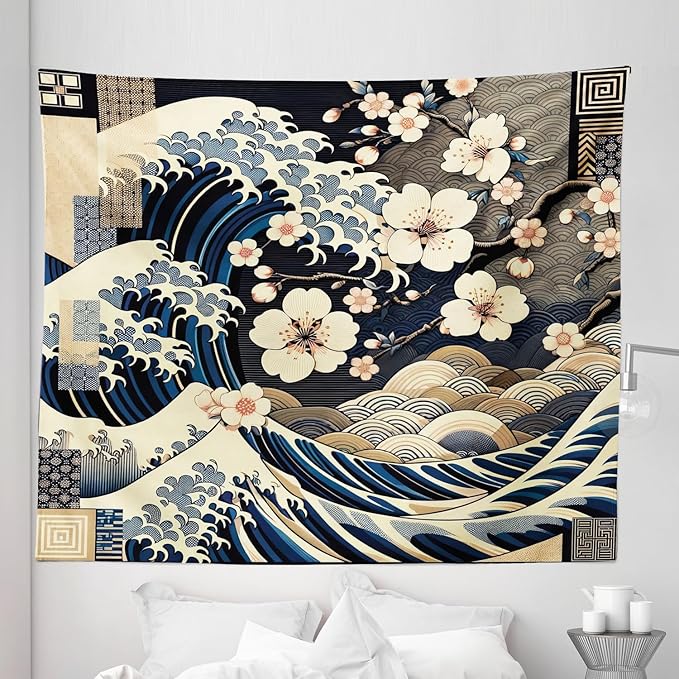 Ambesonne Anime Tapestry King Size, Ukiyo-e Style Cultural Art Design with Squama Scales Waves Cherry Blossoms, Wall Hanging Bedspread Bed Cover Wall Decor, 104" X 88", Taupe Beige Dark Blue