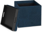 SIMPLIHOME Rockwood Cube Storage Ottoman with Tray - 17 inch Wide Upholstered Vegan Leather Square Storage Ottoman in Distressed Dark Blue, Contemporary Cube Ottoman for Living Room with Serving Tray