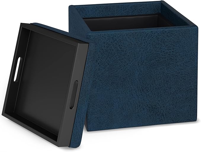 SIMPLIHOME Rockwood Cube Storage Ottoman with Tray - 17 inch Wide Upholstered Vegan Leather Square Storage Ottoman in Distressed Dark Blue, Contemporary Cube Ottoman for Living Room with Serving Tray