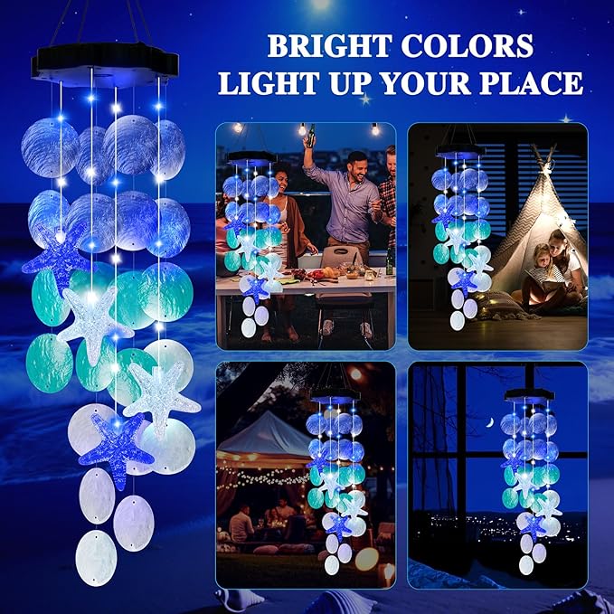 Solar Starfish Wind Chimes for Outside Mobile Shells Wind Chimes Hanging Decorative Lights for Holiday Garden Porch Yard Window Party Outdoor Decor, Gift for Mom Grandma Wife Girlfriend Neighbors