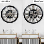 The B-Style Large Real Moving Gears Wall Clock 30 inch Rustic Retro Industrial Farmhouse Wood Clock Oversized Decorative Vintage Wall Clocks for Living Room (Black and Bronze)