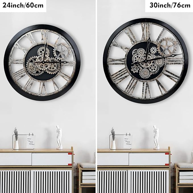 The B-Style Large Real Moving Gears Wall Clock 30 inch Rustic Retro Industrial Farmhouse Wood Clock Oversized Decorative Vintage Wall Clocks for Living Room (Black and Bronze)