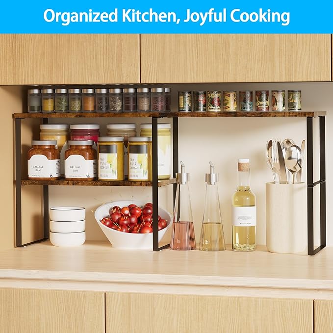 Golener Countertop Organizer Corner Shelf, 2 Tier Adjustable Stackable Corner Shelves for Kitchen, Bathroom, Spice Rack, Coffee Area, Over Sink, Dresser Table, Corner Counter Shelf Stand, Rustic Brown