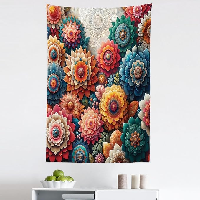 Ambesonne Flower Tapestry, Contemporary Wild Floral with Delicate Oriental Feel Petals Boho Hippie, Fabric Wall Hanging Decor for Bedroom Living Room Dorm, 30" X 45", Vermilion Teal Sea Blue