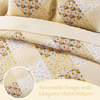Exclusivo Mezcla Reversible Boho Quilts King Size, Yellow Bedspreads Lightweight Coverlet All Season Patchwork Quilt Bedding Set with Printed Floral Pattern (1 Quilt, 2 Pillow Shams)