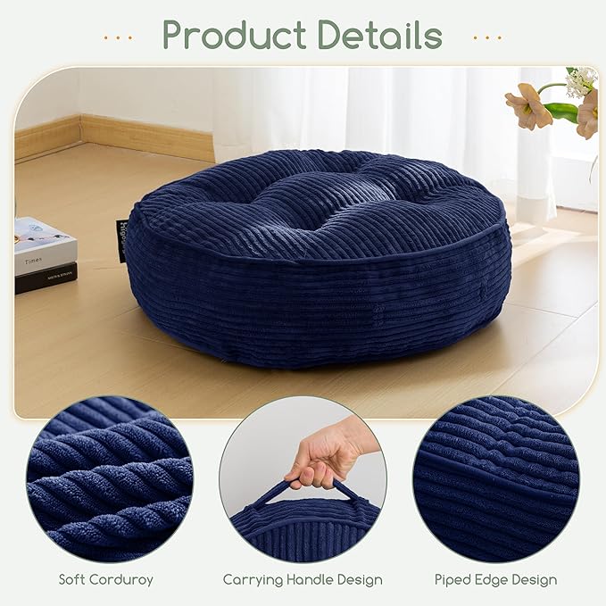 6" Washable Floor Pillow Cushion for Adults, Meditation Cushion Pillow, Large Round Floor Sitting, Removable Tufted Corduroy Cover, for Tatami Living Room or Yoga, 22x22 Inch, 2Pack, Machine Washable
