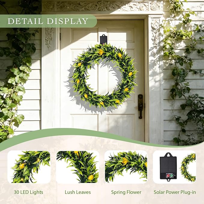 Solar Spring Wreath for Front Door 16inch Pre-lit 30LED Wreaths Spring Summer Decor for Outside Aftificial Yellow Tulips Wreaths Home Decorations Wreath for Wall Festival Decor