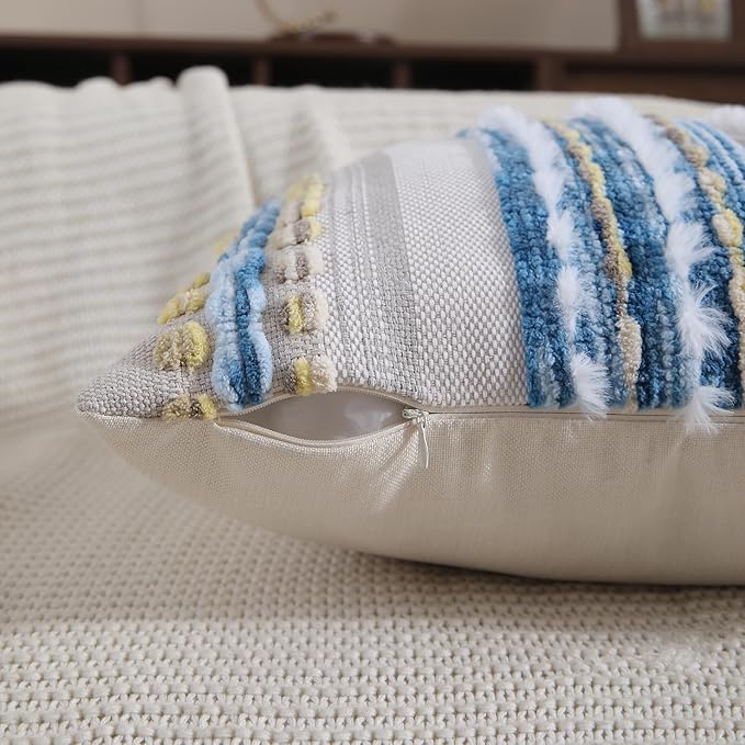 Boho Throw Pillow Covers 18x18 Set of 2 Farmhouse Decorative Couch Pillow Covers Neutral Accent Throw Pillows Covers Striped Outdoor Cushion Covers Square Textured Chenille Pillow Cases for Sofa Bed