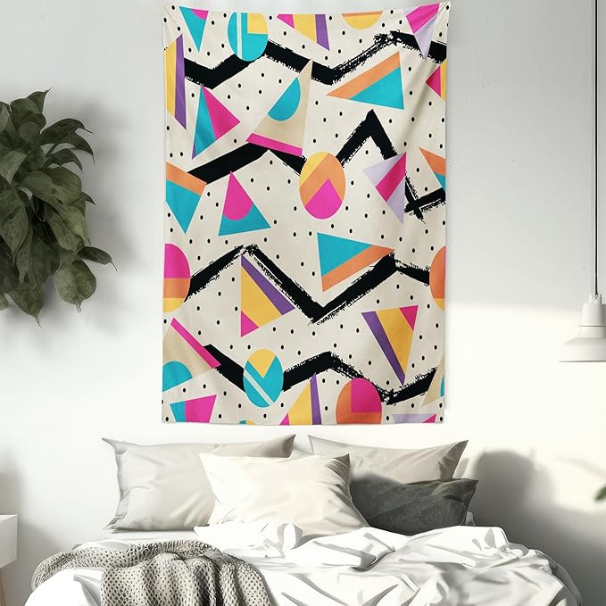 Ambesonne Indie Tapestry, Eighties Memphis Fashion Style Geometric Abstract Colorful Design Dots Funky, Fabric Wall Hanging Decor for Bedroom Living Room Dorm, 23" X 28", Cream Pink