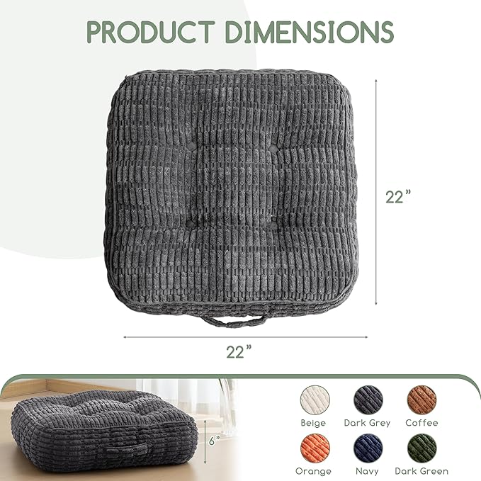 6" Washable Floor Pillow Cushion for Adults, Meditation Cushion Pillow, Removable Tufted Blended Corduroy Cover, Large Square Floor Sitting for Tatami Living Room or Yoga, 2Pack, Machine Washable