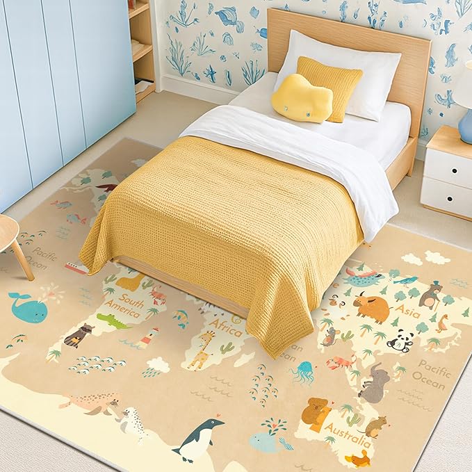 Huge Kids Rugs for Living Room - 9x12 Large Classroom Rug for Children Play & Learning, Washable Ultra Soft World Map Carpet with Ocean, Continents & Cute Animals