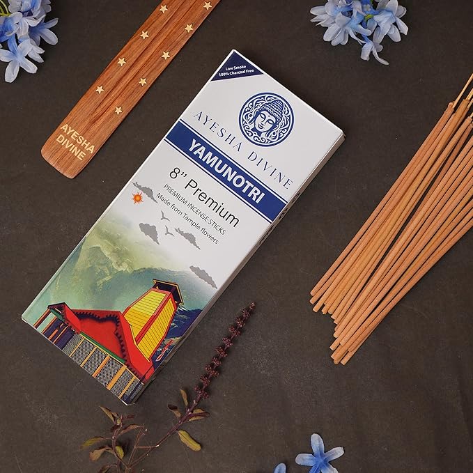 Incense Sticks Jasmine & Musk – 80 Charcoal-Free Premium Incense Sticks Made from Temple Flowers | 8 Inch Long-Lasting | Includes Incense Burner Stand | Ayesha Divine Yumnotri