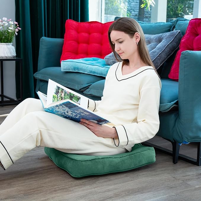 Floor Pillow Set of 2, Memory Foam Meditation Cushion, Floor Cushions for Adults Sitting, Large Square Seat Cushions for Yoga, Living Room, 20x20 Inch (Green)