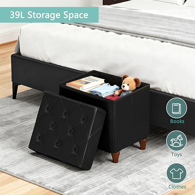 CAROLMADE Folding Storage Ottoman Cube PU Leather Footstool with Wood Legs Ottoman Footrest for Living Room and Bedroom Black, 15x12.6 x 15.4”