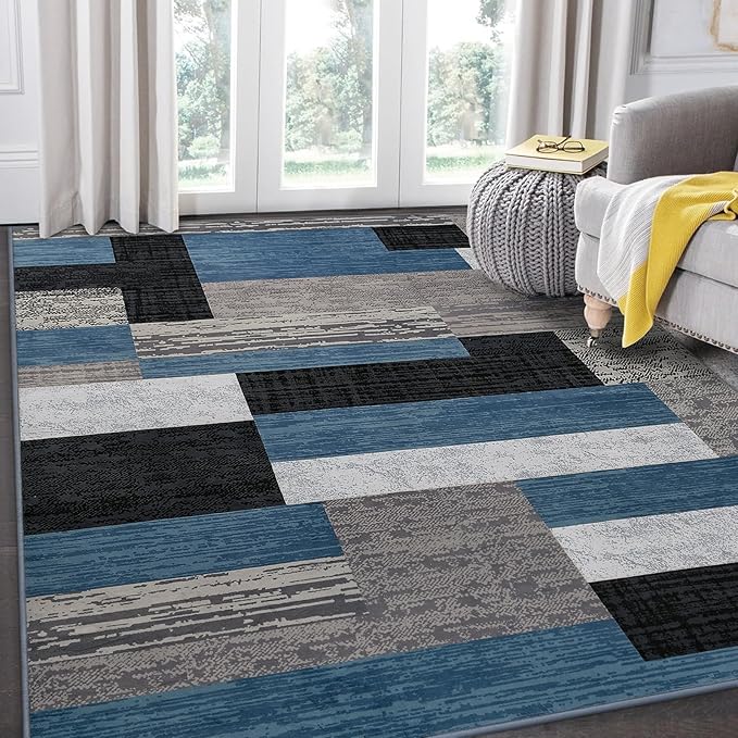 FlyDOIT Modern Geometric Patchwork Area Rug, 9x12 Blue Large Rugs for Living Room, Rockwood Collection Indoor Rugs for Bedroom, Throw Carpet Floor Decor for Entryway Dining Room Office Nursery