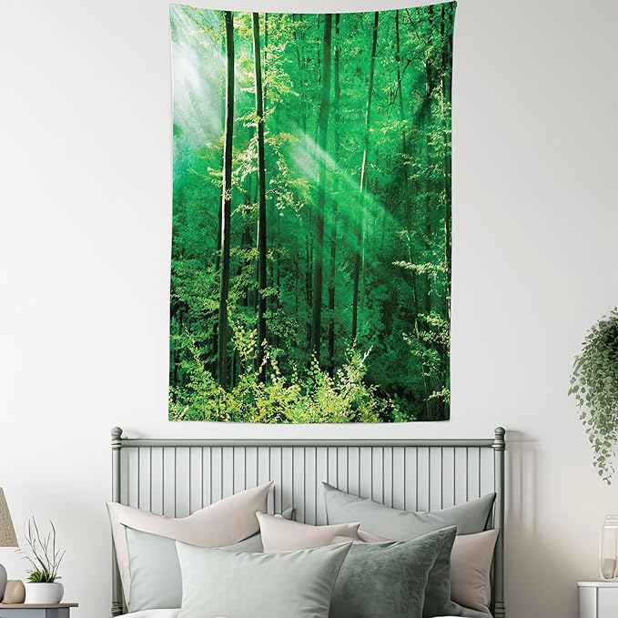 Ambesonne Forest Tapestry Queen Size, Sun Rays Bursting into the Forest Trees Foliage Misty Morning Serenity Picture, Wall Hanging Bedspread Bed Cover Wall Decor, 88" X 88", White and Green