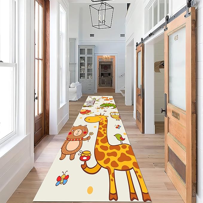 Cute Cartoon Animal Hallway Runner Rug, 2.6x7ft, Giraffe Bear Koala Kids Play Mat for Bedroom, Anti-Slip Cozy Breathable Foldable Area Carpet, Reduce Noise Easy Clean Mat for Sofa Nursery