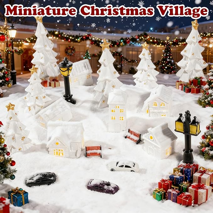 Bbiamsleep 1 Inch Christmas Mini Village Sets White Resin Miniature Village Houses Figurines and Accessories Christmas Miniature Houses for Home Xmas Winter Decor, Set of 19