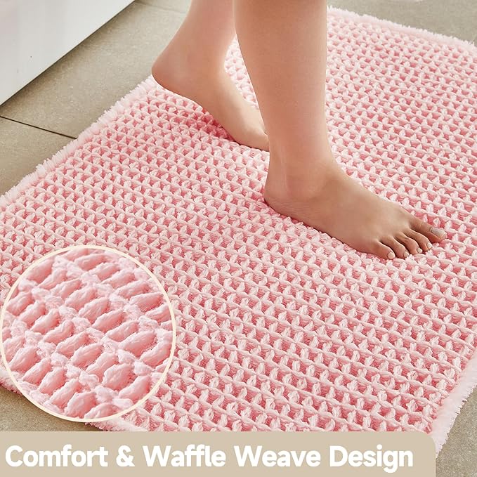 Light Peachy Pink Bathroom Rugs, Waffle Bath Mat Non Slip Washable Quick Dry Cute Bath Mat Boho Farmhouse Bathroom Decor, 36"x24" Light Peachy Pink