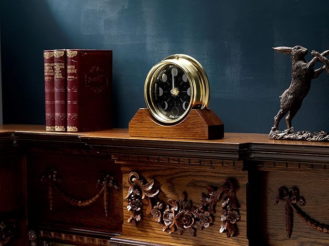 Prestige Brass Moon Phase Clock on a Solid English Oak Mantel/Display Mount