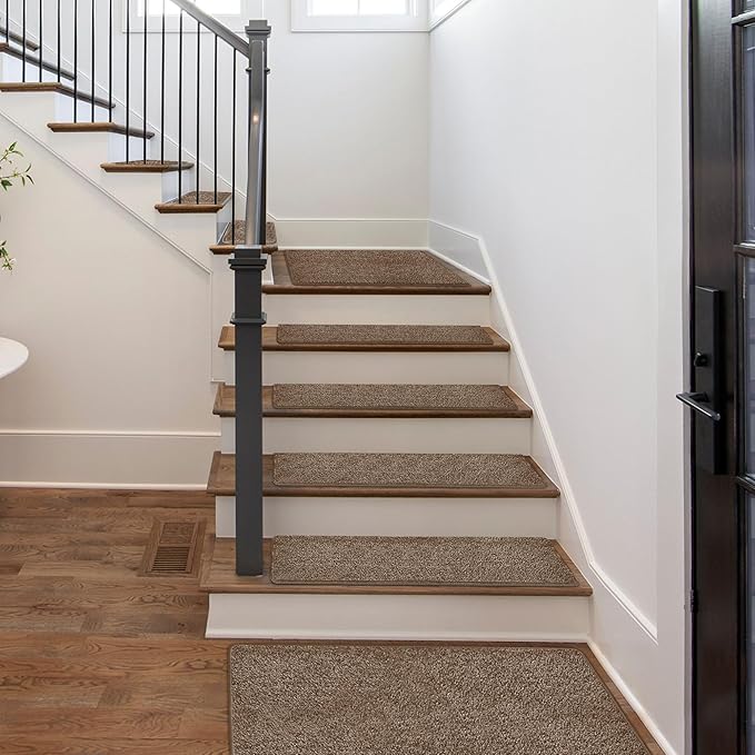 PURE ERA Carpet Stair Treads Tape Free Non Slip Indoor Stair Carpet Stair Protectors Pet-Friendly Non-Slip Skid Resistant Washable Reusable 8" x 30"(2 Pieces,Camel Brown)
