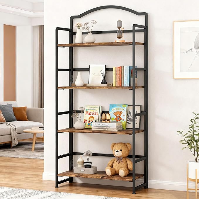 JSB No Assembly Folding Bookshelf, 4 Tier Book Shelf for Storage, Vintage Wood Foldable Bookcase for Living Room, Bedroom, Office Organization Shelves