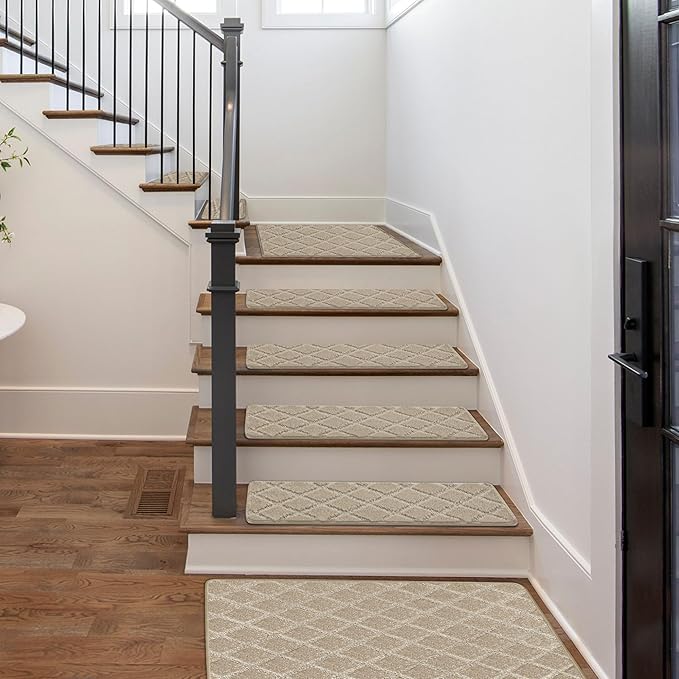 PURE ERA Carpet Stair Treads Tape Free Non Slip Indoor Stair Carpet Stair Protectors Pet-Friendly Non-Slip Skid Resistant Washable Reusable 8" x 30"(14 Pieces,Cream Gray Diamond Trellis)