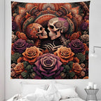 Ambesonne Hippie Tapestry Queen Size, Mystic Rose Flowers and Oriental Mandala Skeleton Lovers Goth Art Skulls, Wall Hanging Bedspread Bed Cover Wall Decor, 88" X 88", Vermilion Dark Magenta