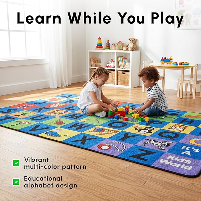 SAFECASTLE Kids Carpet Alphabet Rug – Little Charlie 4’4” x 5’6” – Educational ABC Nursery Learning Rug for Preschool, Classroom, Playroom, Daycare & Kids’ Bedroom – Durable Nylon Area Rug