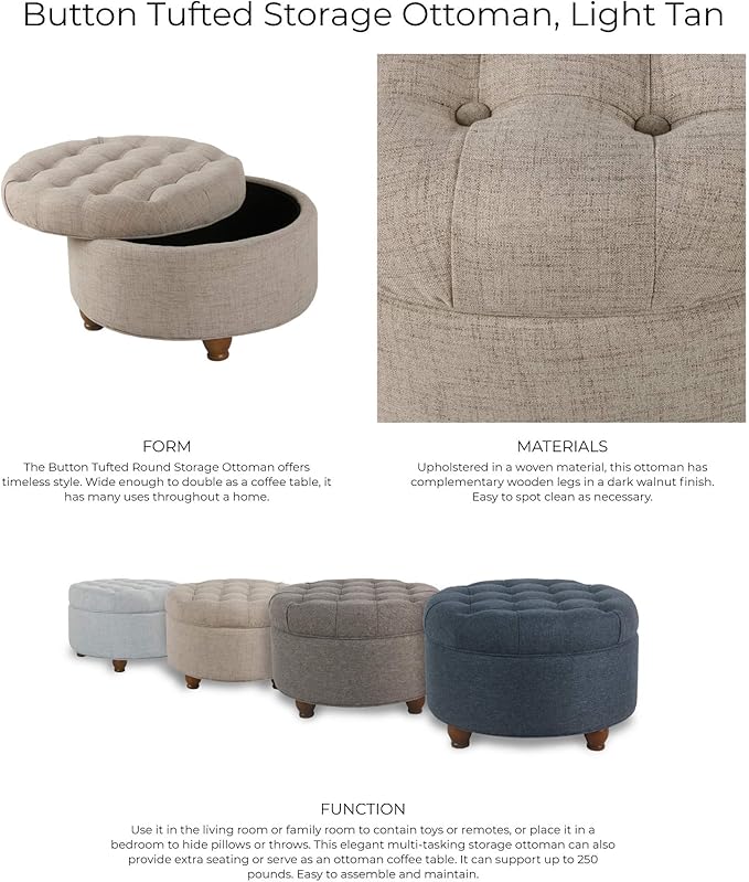 Homepop Home Decor Button Tufted Woven Round Storage Ottoman Large