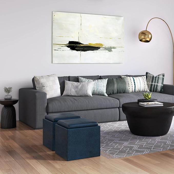 SIMPLIHOME Rockwood Cube Storage Ottoman with Tray - 17 inch Wide Upholstered Vegan Leather Square Storage Ottoman in Distressed Dark Blue, Contemporary Cube Ottoman for Living Room with Serving Tray